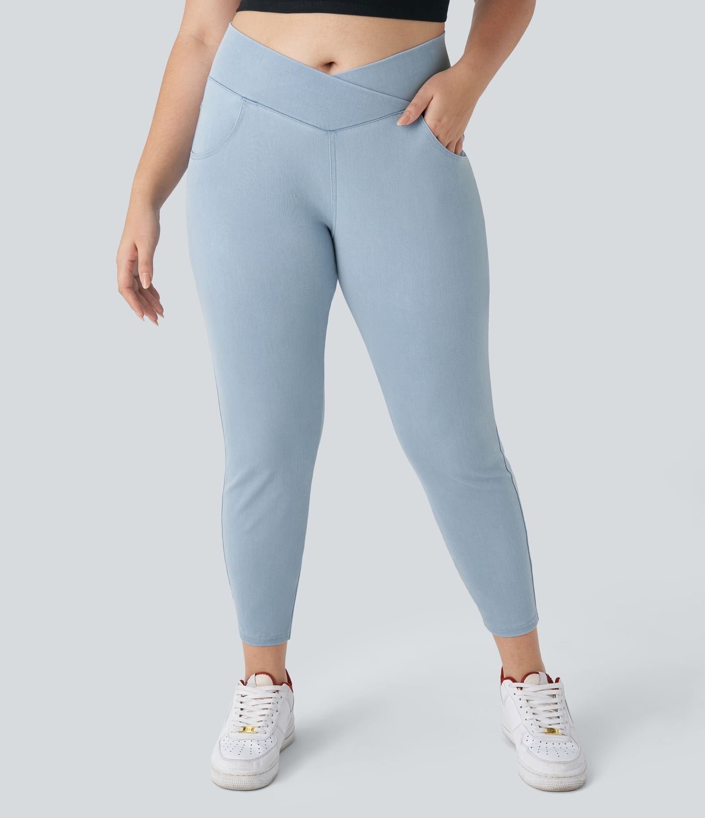 Halara Flex™ Legging Travail  7/8 Taille Croisée en Denim Tricot Extensible Taille Haute Poches Multiples Grande Taille