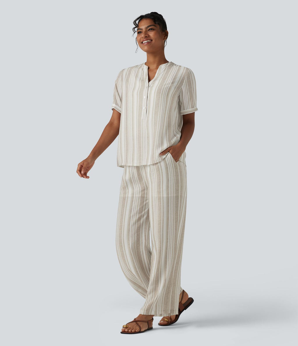 Pantalon casual large rayé taille haute avec poches