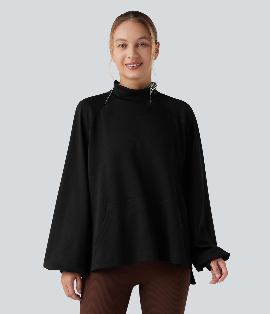 Sweat-shirt col montant à manches longues ourlet asymétrique avec poche