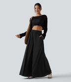 Pantalon large fluide resort taille haute avec poches