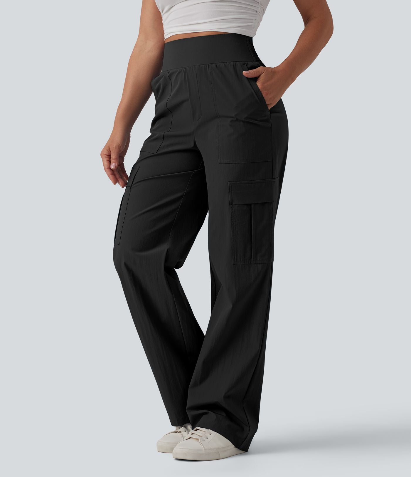 Pantalon décontracté coupe droite taille haute avec poches