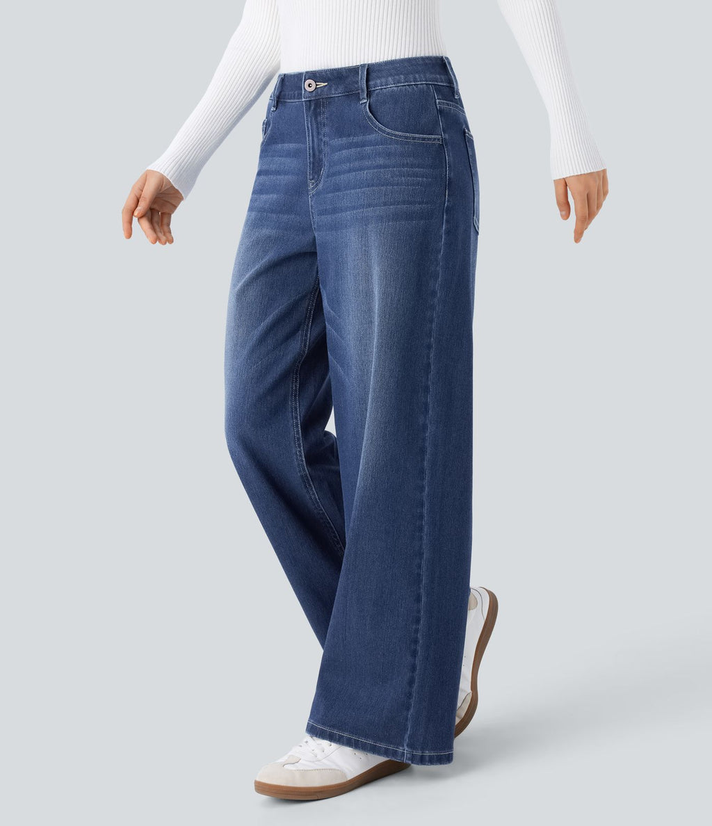 Halara Flex™ Jean Large Casual Taille Basse avec Boutons Zip Multiples Poches Lavés Élastiques et Tricotés