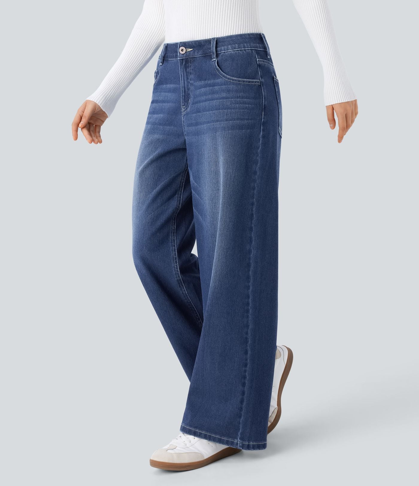 Halara Flex™ Jean Large Casual Taille Basse avec Boutons Zip Multiples Poches Lavés Élastiques et Tricotés