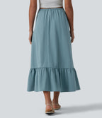 Jupe casual mi-longue évasée en popeline stretch taille haute avec cordon de serrage, ourlet volanté et poches