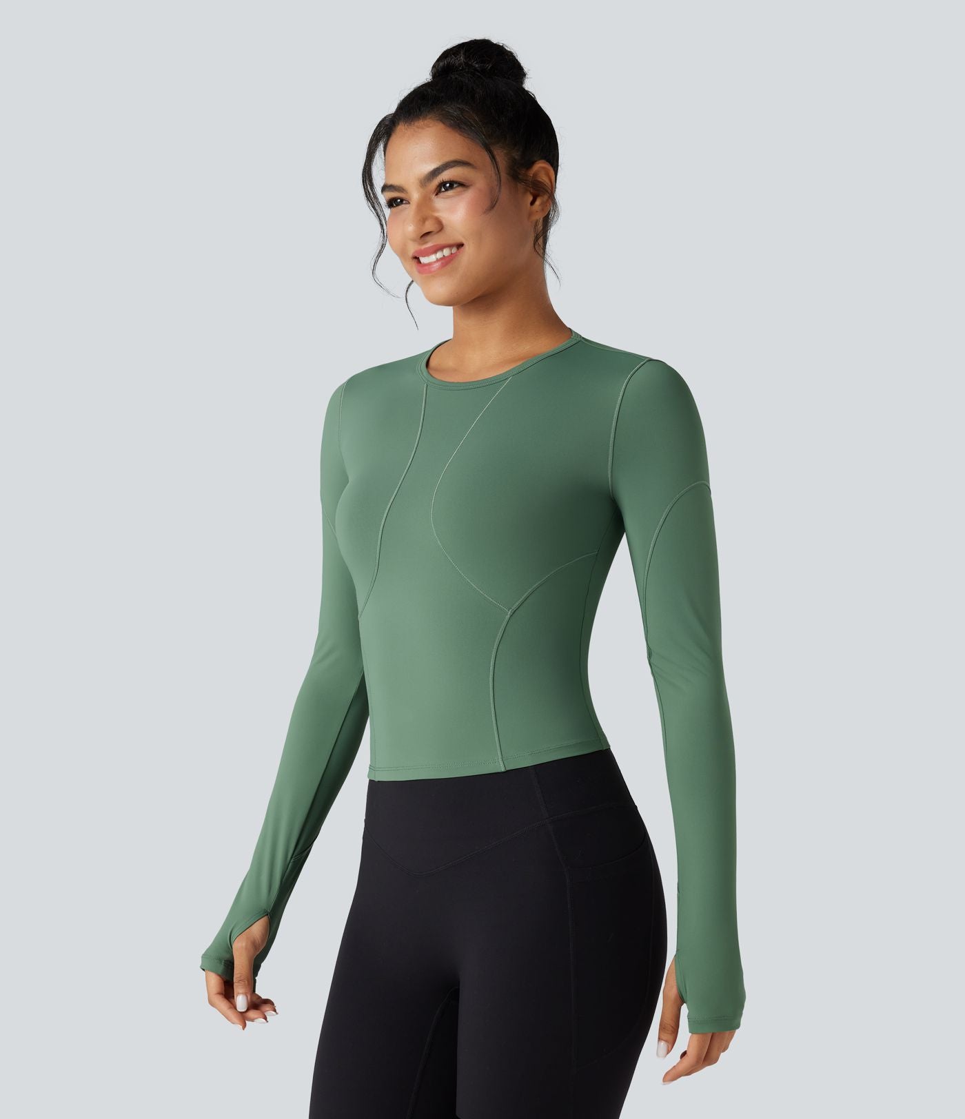 Top de sport yoga col rond manches longues avec trous pouces