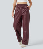 Pantalon décontracté tissu enduit taille haute coupe droite avec poches