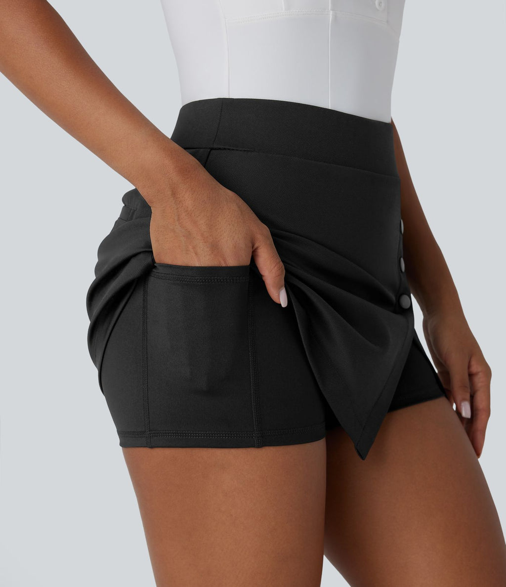 Jupe-short de golf mini taille haute 2-en-1 fendue à boutons décoratifs avec poche latérale séchage rapide - Poche pour tee de golf - UPF40+