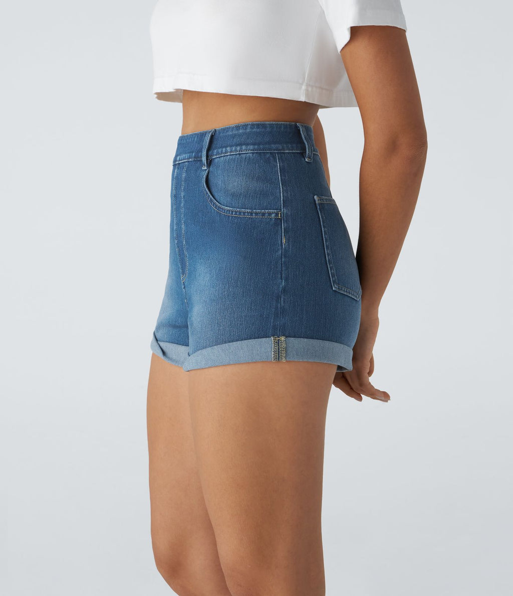 Halara Flex™ Short en Denim Tricot Extensible Lavé à Taille Haute avec Poches Multiples et Ourlet Replié