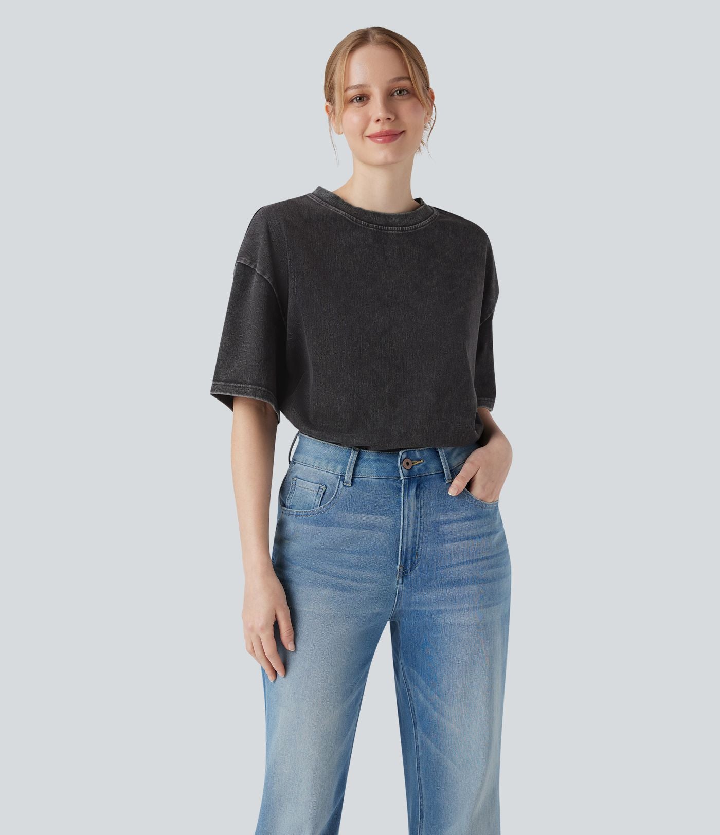 Halara Flex™ T-shirt casual en denim à col rond et manches courtes