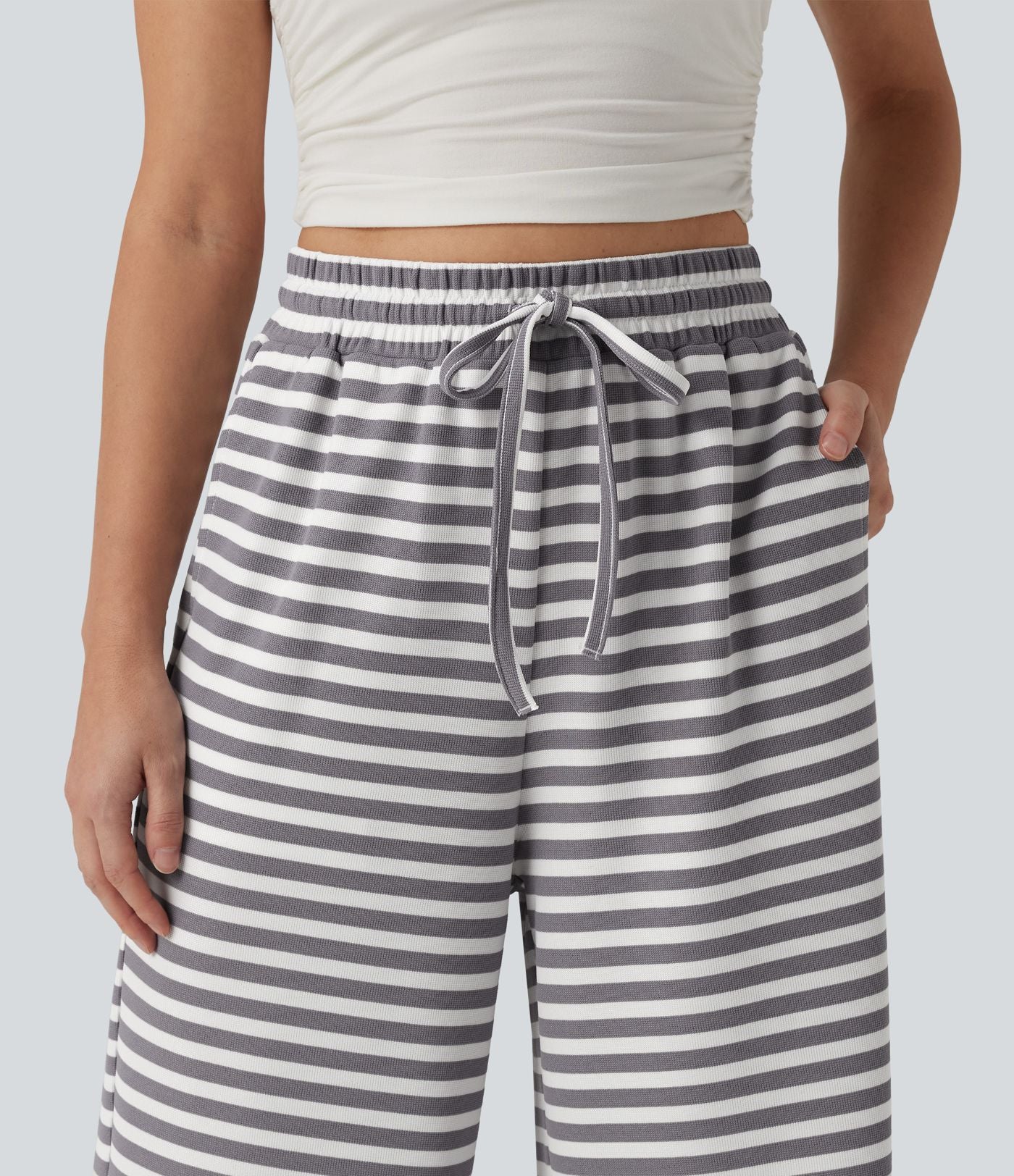 Pantalon large casual à rayures en maille gaufrée taille haute avec cordon de serrage et poches
