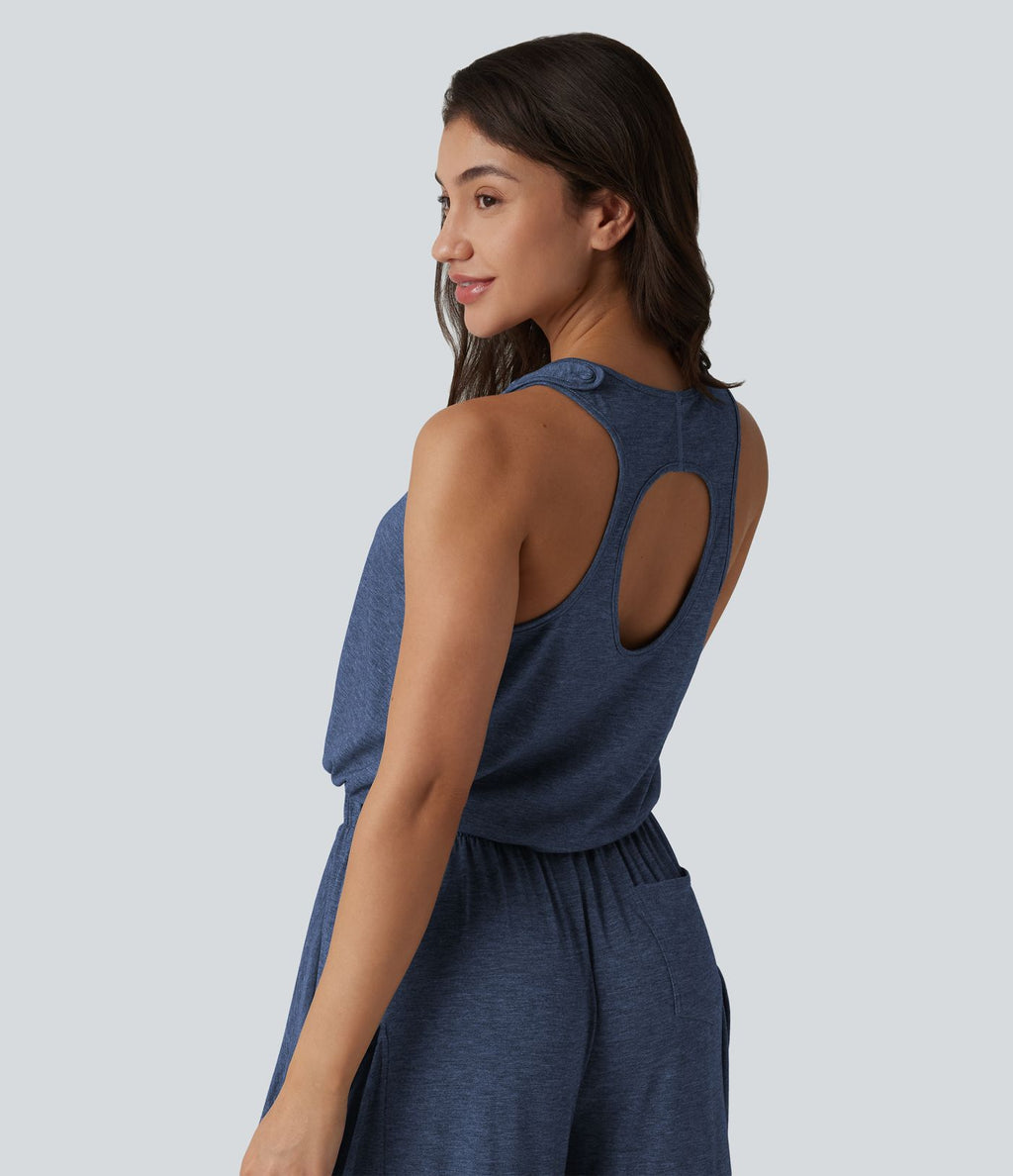 Combinaison décontractée à découpe sans manches jambes larges avec poches, édition Easy-Peezy