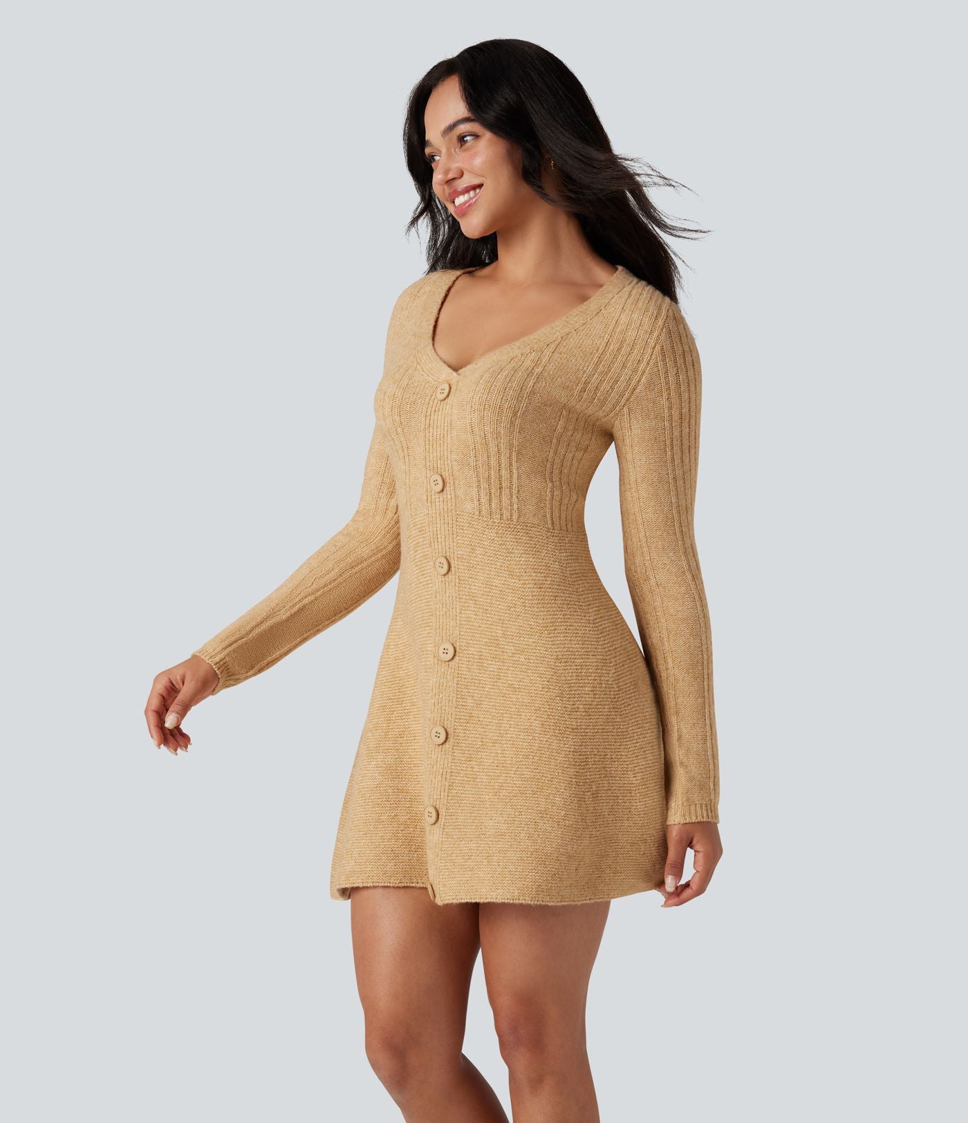 Robe pull courte col V manches longues