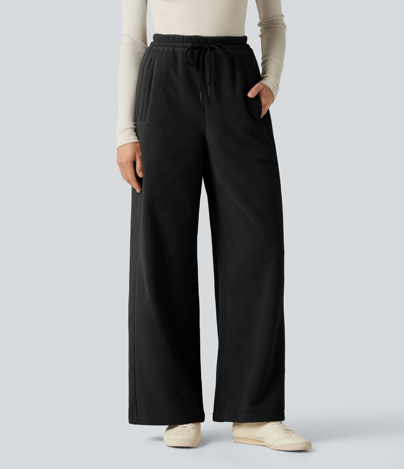 Pantalon large décontracté en polaire taille haute avec cordon de serrage et poches