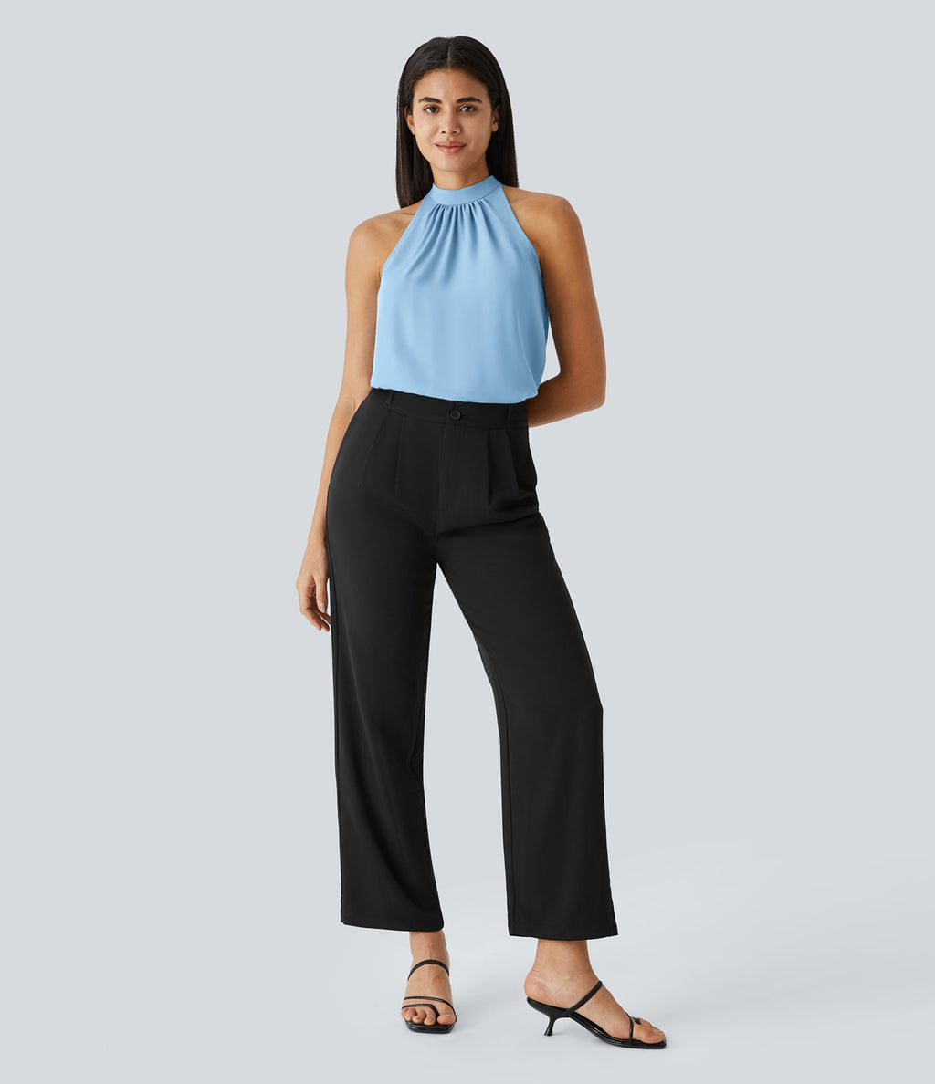 Blouse Travail Sans Manches Ourlet Courbé Col Haut Découpe au Dos Plis