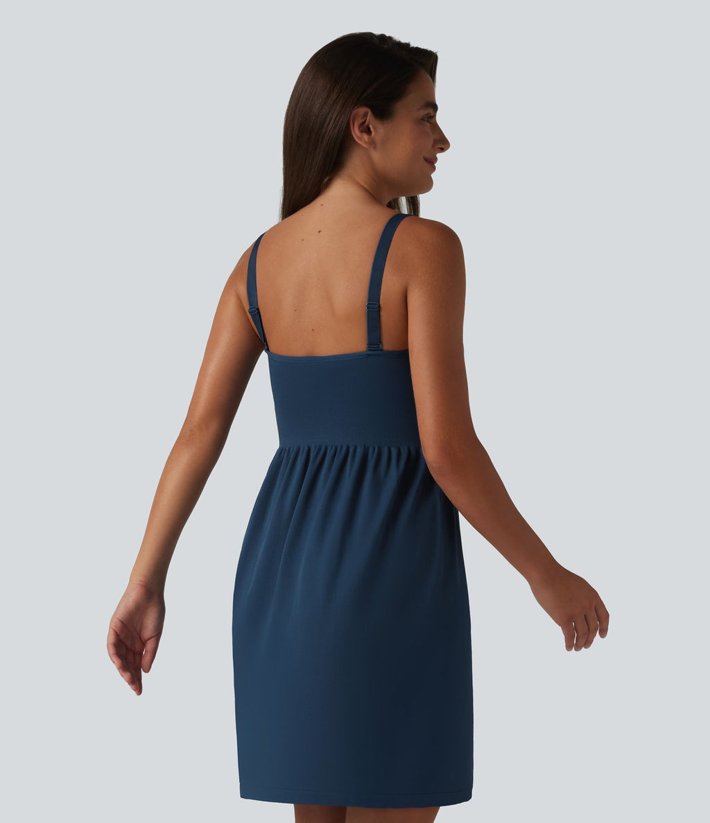 OneForm Seamless Flow Robe casual mini froncée sans couture à décolleté plongeant en V sans manches avec brassière intégrée