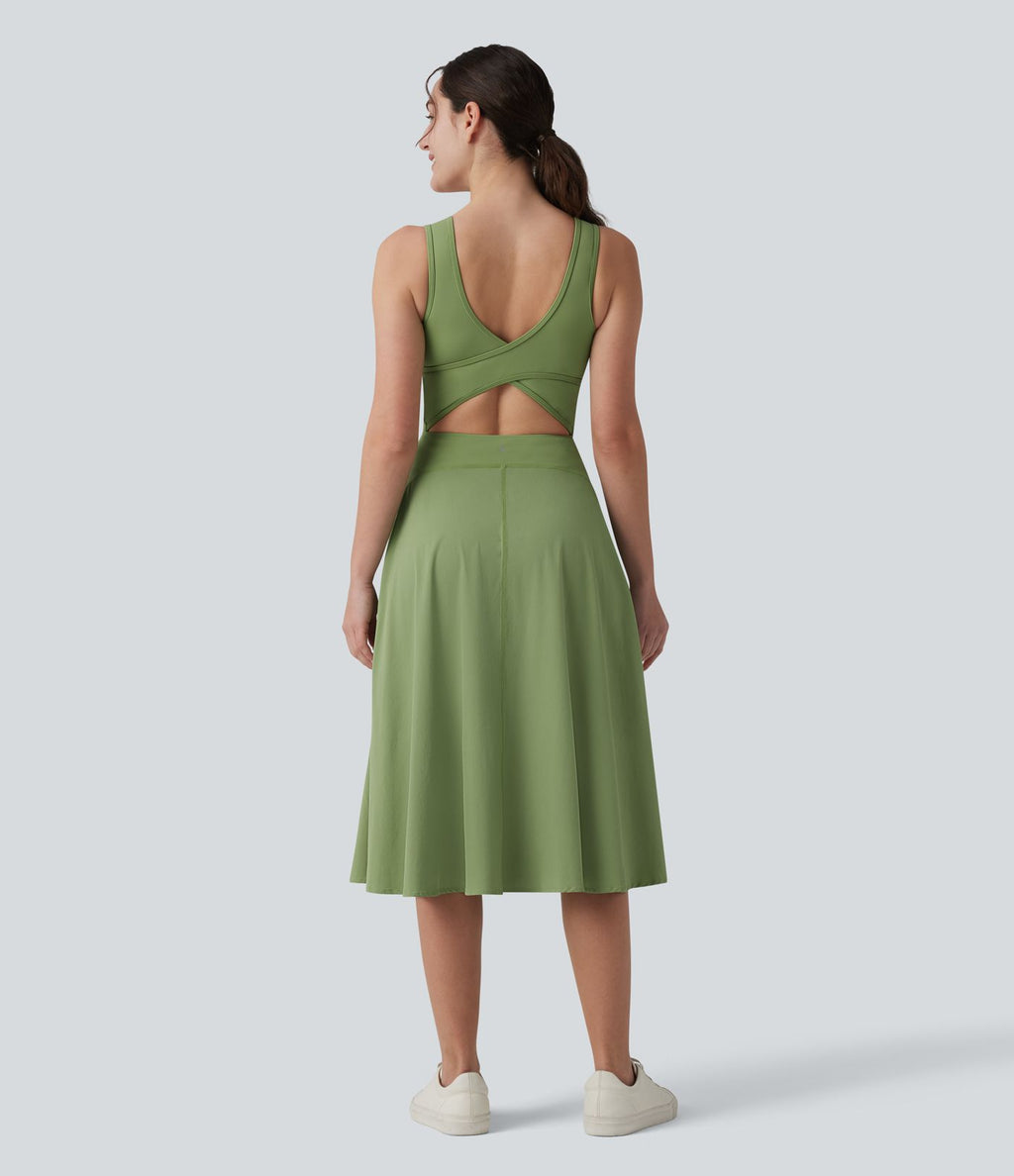Robe de sport danse mi-longue Breezeful™ col carré dos nu croisé avec brassière intégrée 2-en-1 séchage rapide et poche - Easy Peasy