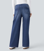 Halara Flex™ Jean Large Casual Taille Basse avec Boutons Zip Multiples Poches Lavés Élastiques et Tricotés