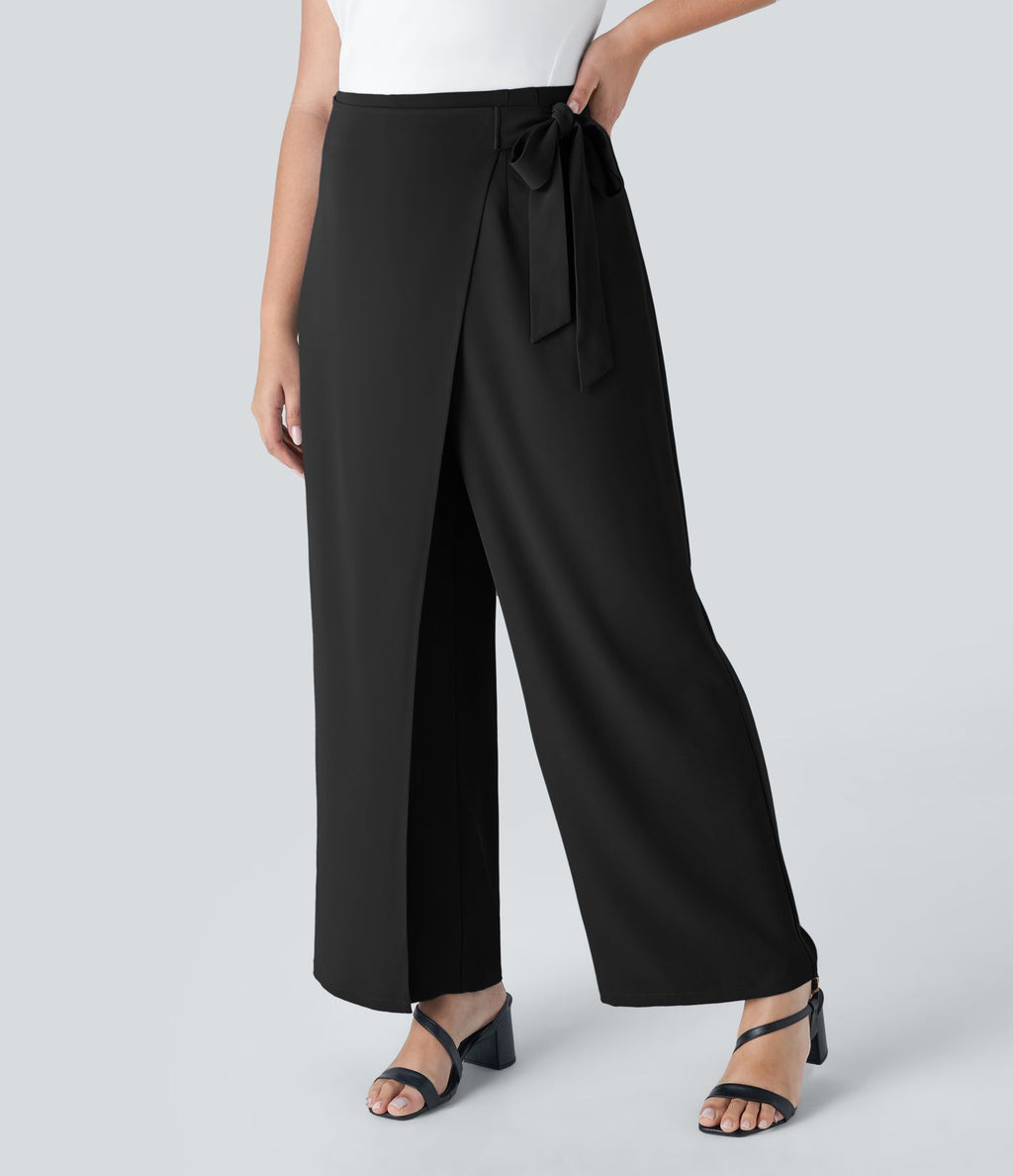 Pantalon Grande Taille à Jambe Large et Taille Haute avec Liens Latéraux et Fermeture Éclair Invisible