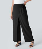 Pantalon Grande Taille à Jambe Large et Taille Haute avec Liens Latéraux et Fermeture Éclair Invisible