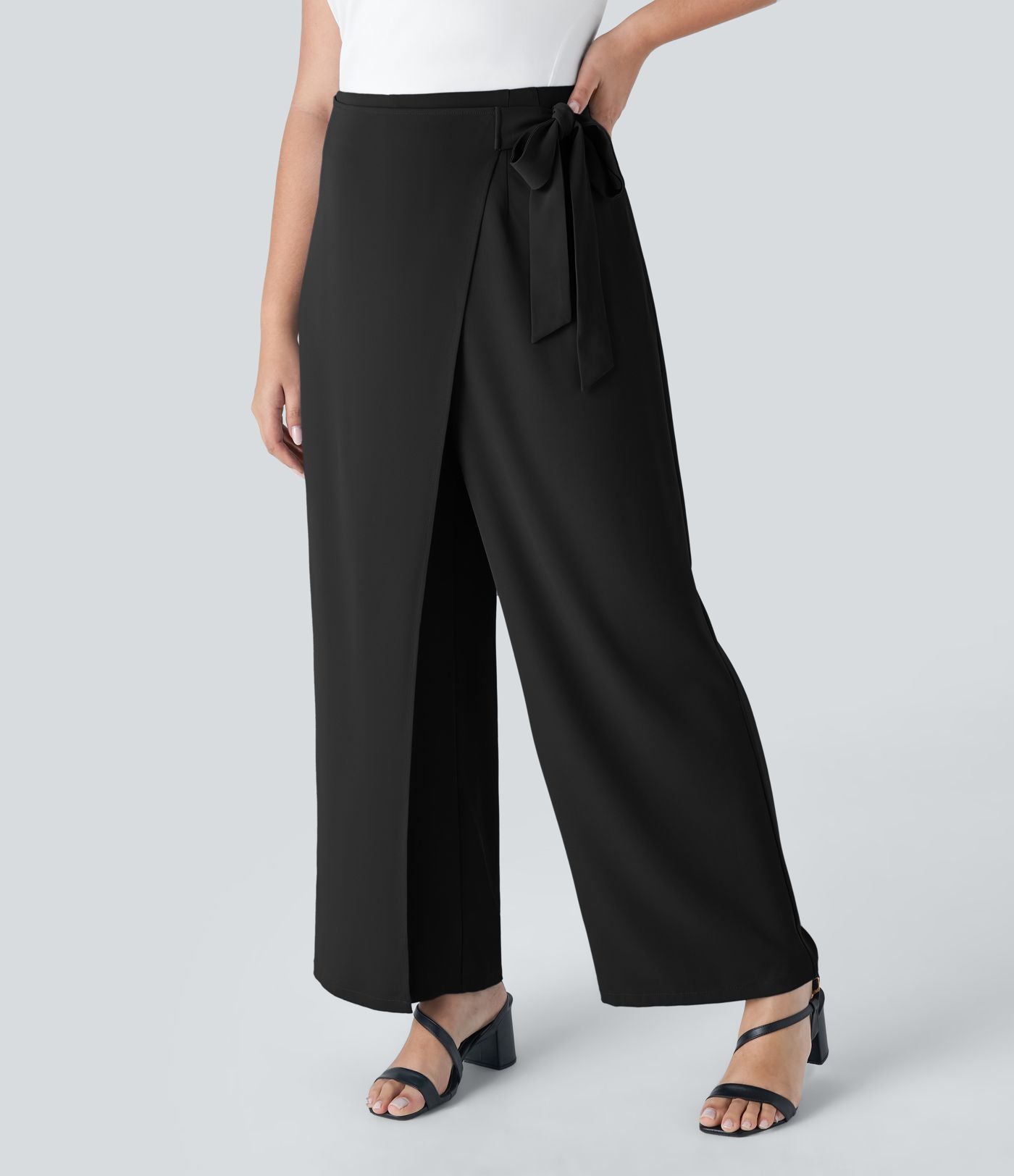 Pantalon Grande Taille à Jambe Large et Taille Haute avec Liens Latéraux et Fermeture Éclair Invisible