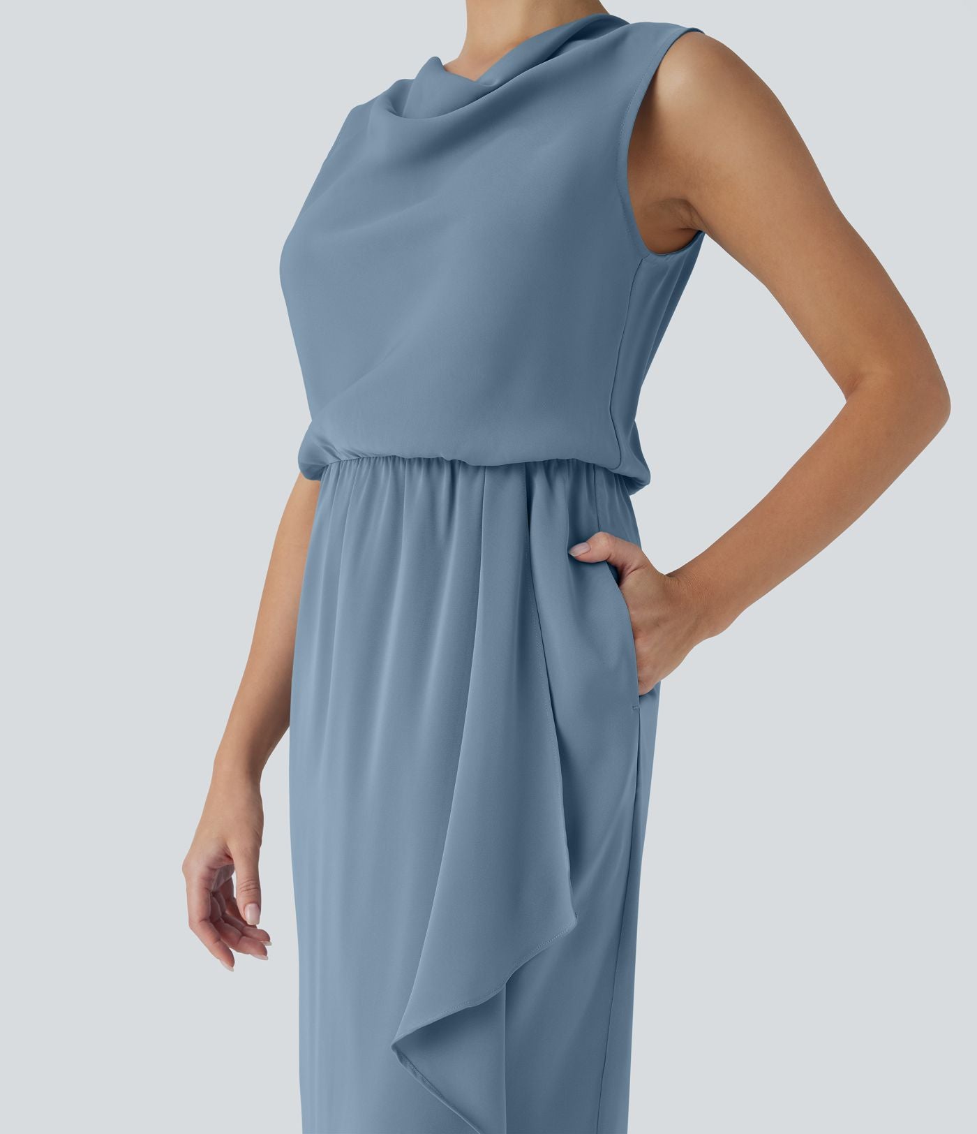Robe midi de voyage défroissage facile, col bénitier, ourlet croisé et poches