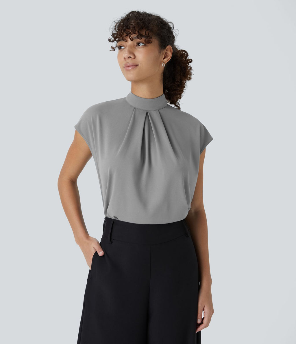 Blouse de Travail à Col Montant Plissée avec Boutons dans le Dos et Manches Courtes
