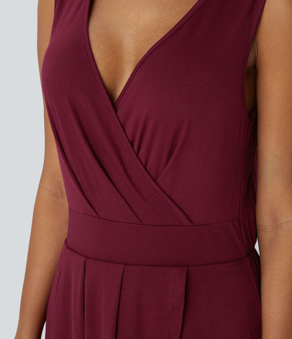 Robe Mi-Longue Plissée Décolleté Plongeant Sans Manches Haut Bas Ourlet Croisé