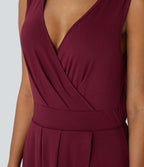 Robe Mi-Longue Plissée Décolleté Plongeant Sans Manches Haut Bas Ourlet Croisé