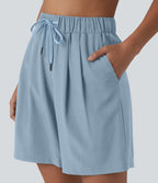 Short de yoga plissé taille haute avec ceinture élastique, cordon de serrage et poches 17,5 cm