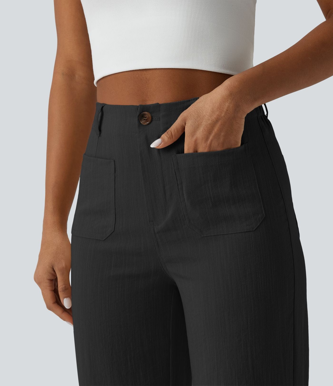 Pantalon taille haute coupe droite effet lin avec poches