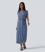 Halara Flex™ Robe décontractée en jean midi col V sans manches froncée avec boutonnière