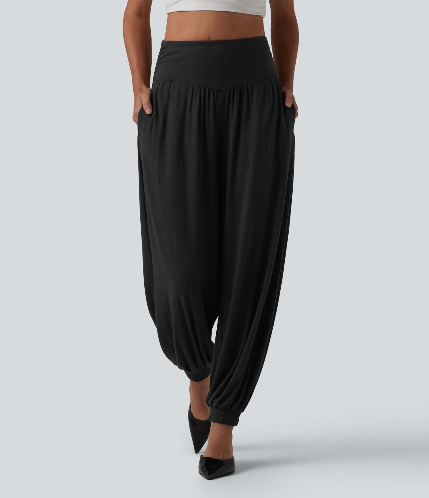 Jogging ballon taille haute drapé en maille côtelée avec poches