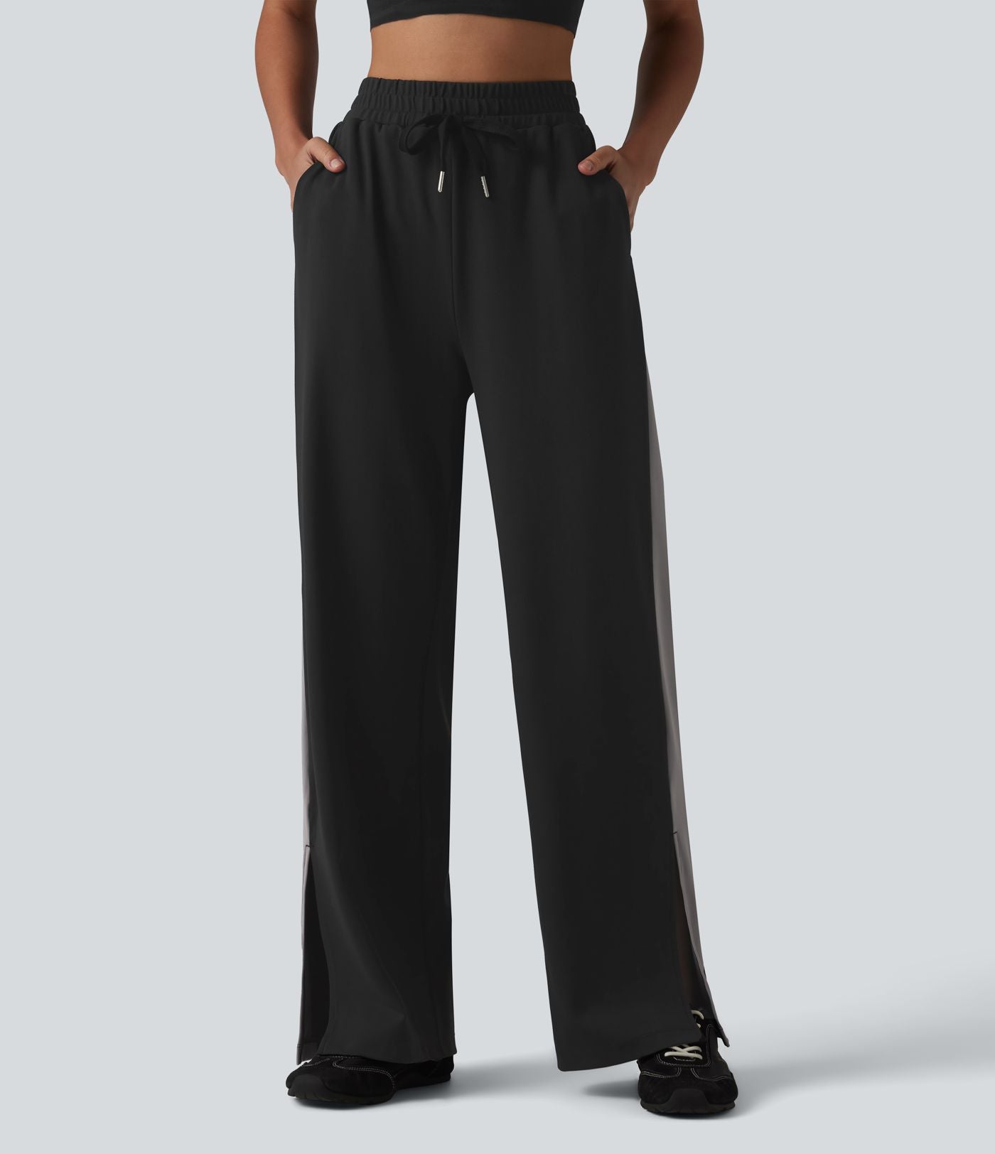 DayStretch Pantalon droit de yoga taille haute cordon de serrage rayures color block fentes latérales avec poches