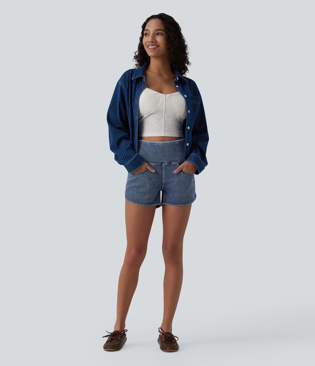 Halara Flex™ Short casual en jean skinny gainant taille haute à ourlet arrondi avec poches