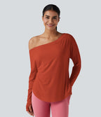 Top de sport yoga une épaule séchage rapide ourlet arrondi asymétrique manches longues avec trous pouces - Brassière intégrée