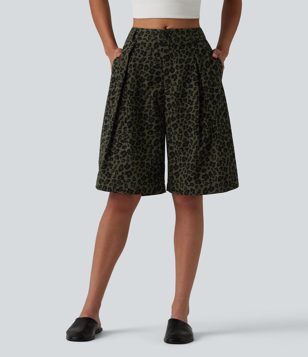 Short ample décontracté à imprimé léopard taille mi-haute, 25 cm, avec poches