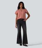 Blouse casual col V à manches volantées et ourlet arrondi