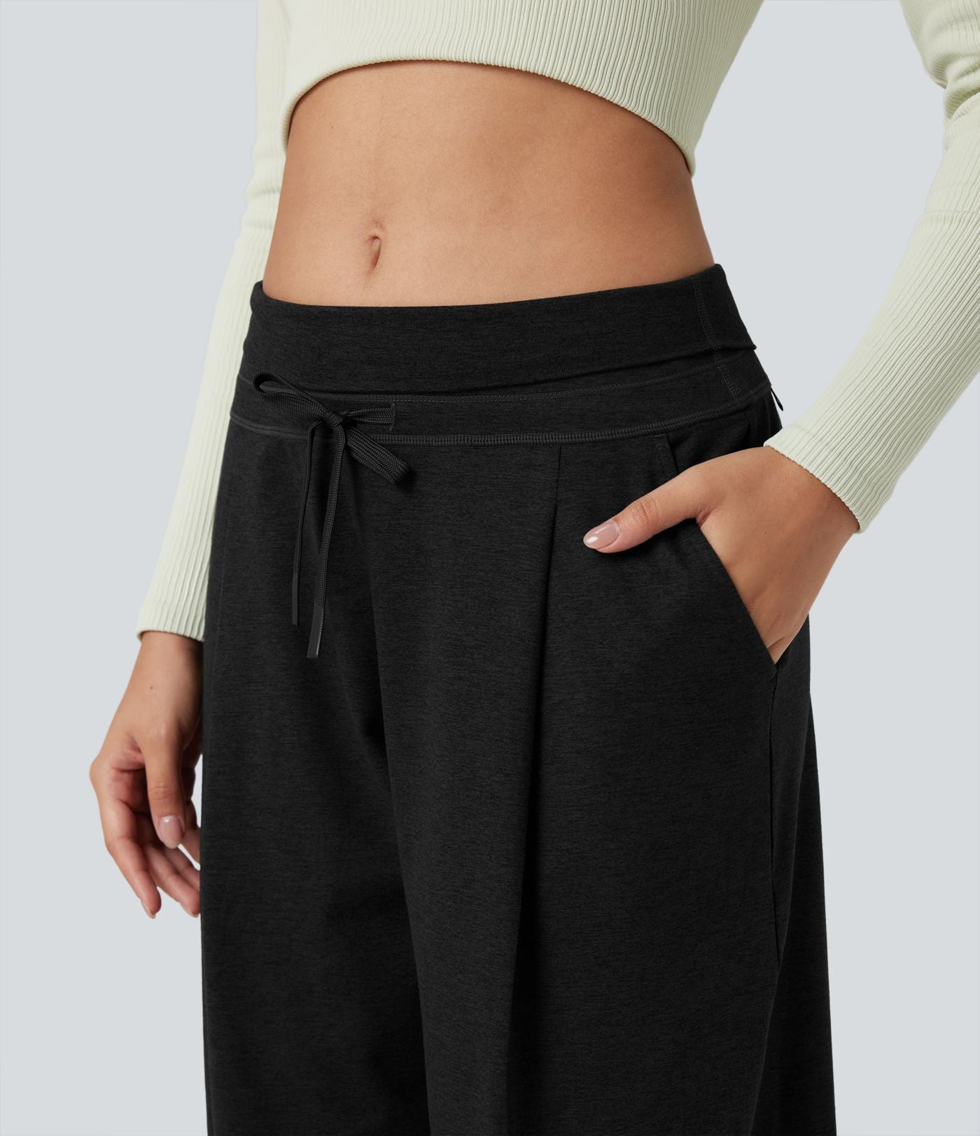 Pantalon jogging large thermique fluide chiné à rabat taille haute séchage rapide avec cordon de serrage et poches
