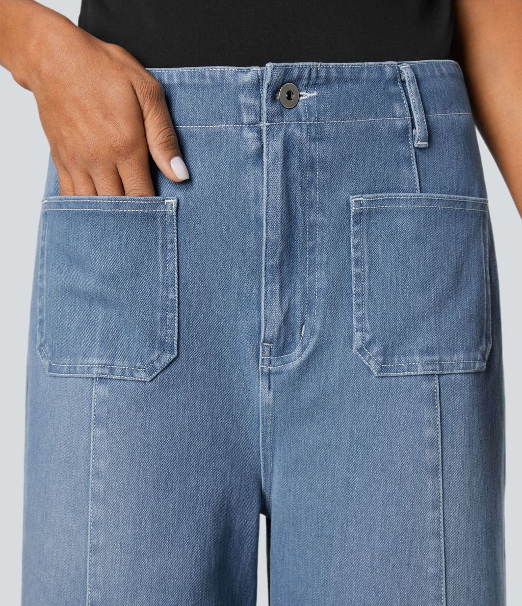 Halara Flex™ Jean large Palazzo et Taille Haute avec Poches Avant en Tricot Extensible Lavé