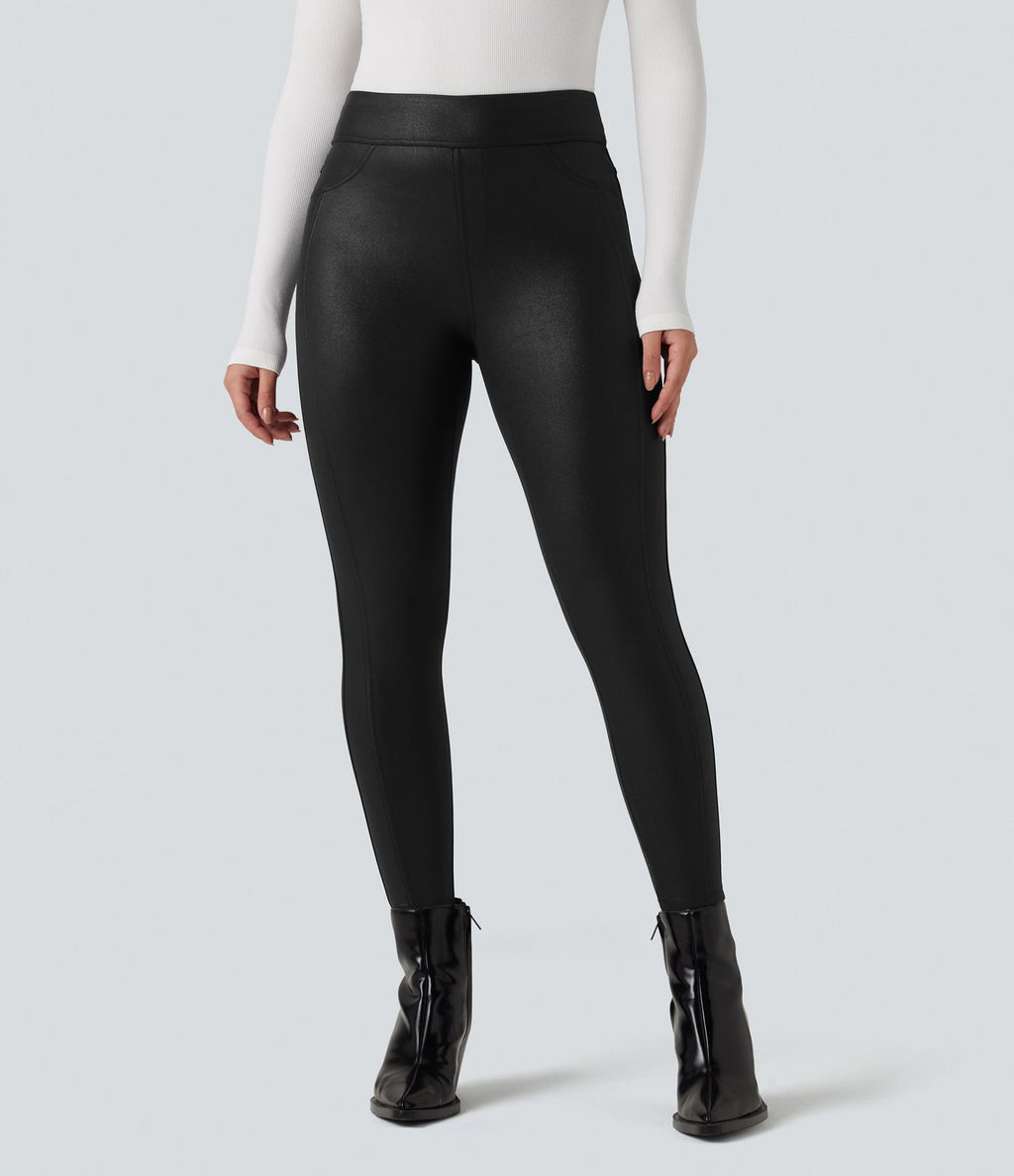 Legging décontracté taille haute en tissu enduit brillant avec poches