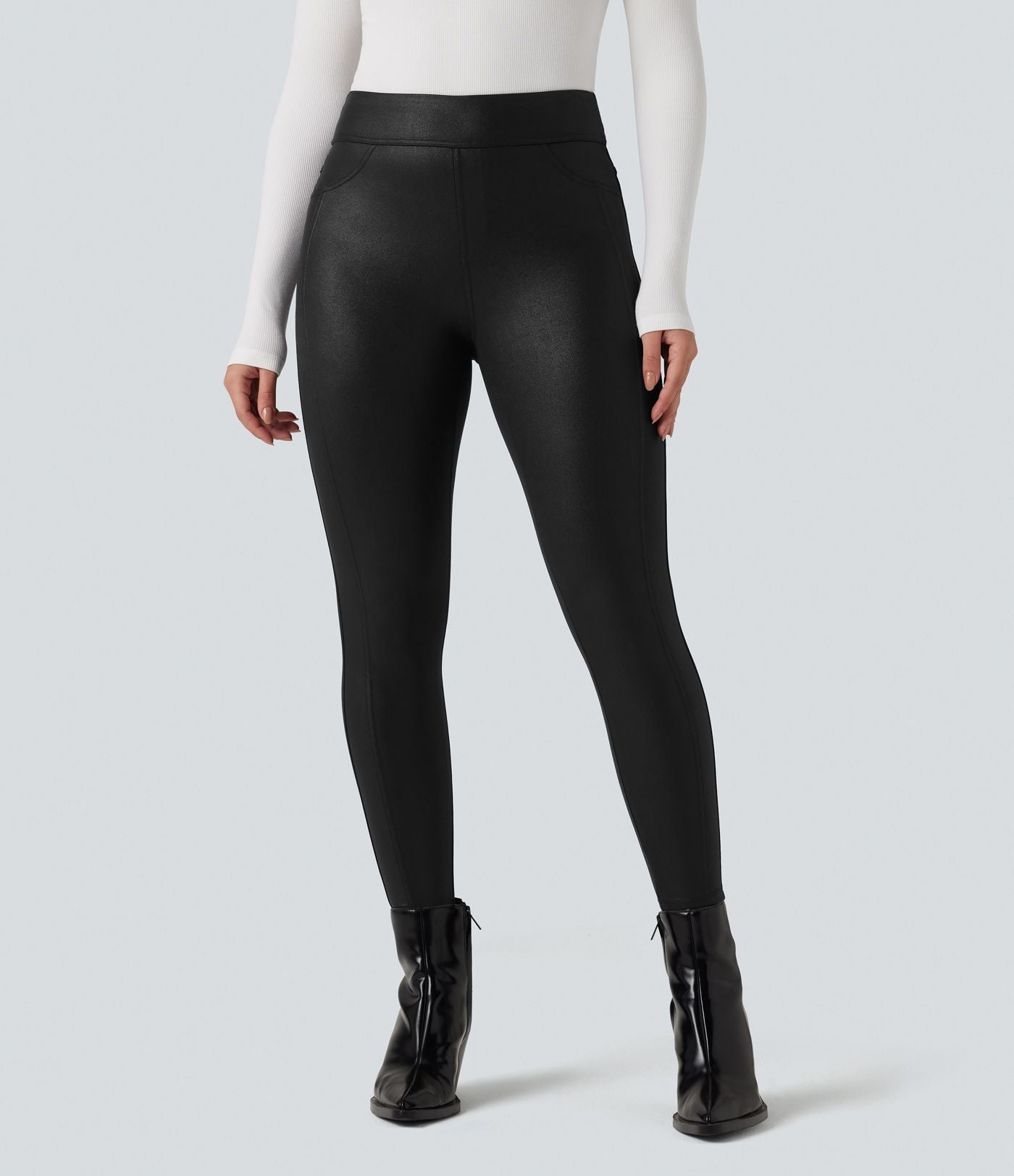 Legging décontracté taille haute en tissu enduit brillant avec poches