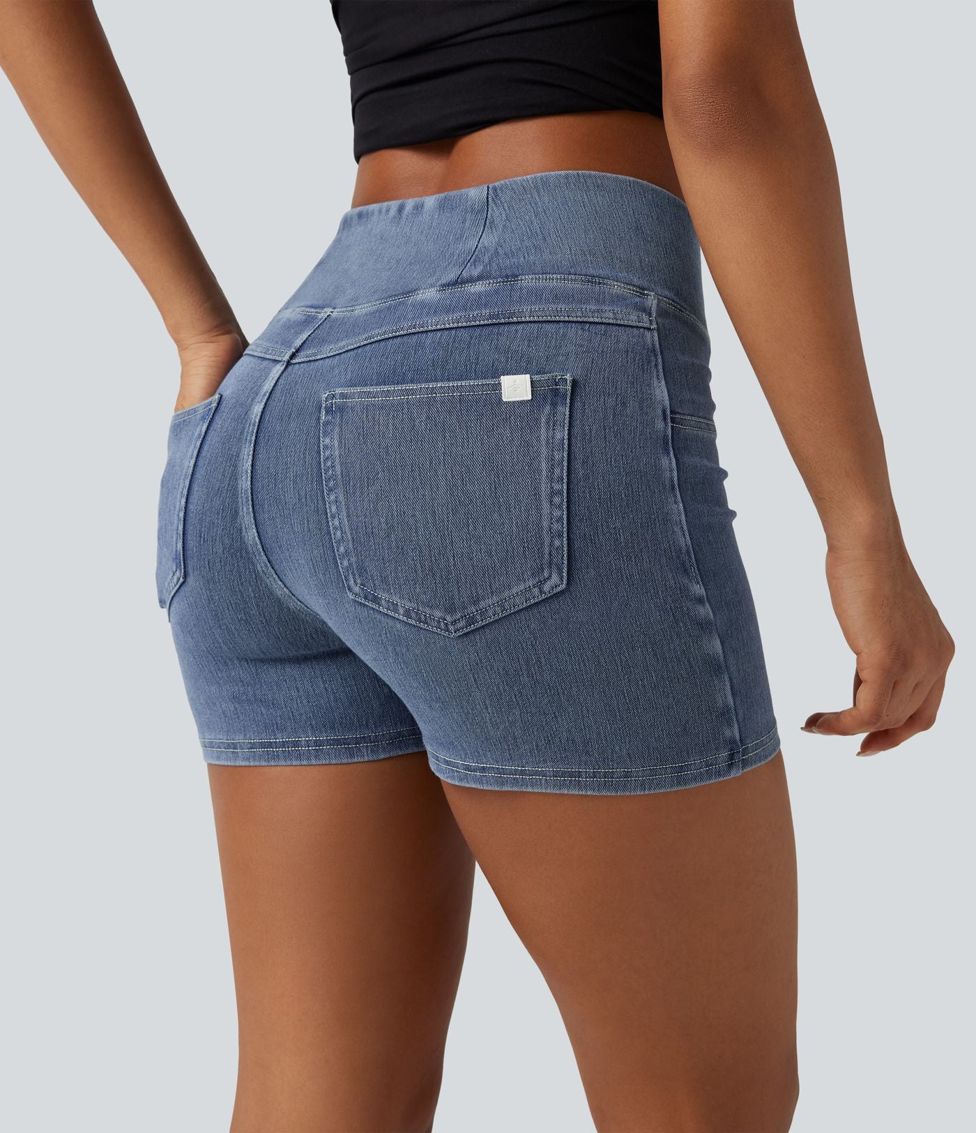 Halara Flex™  Shorts 7,5cm Denim Casual Taille Haute Poches Latérales Croisées en Maille Extensible