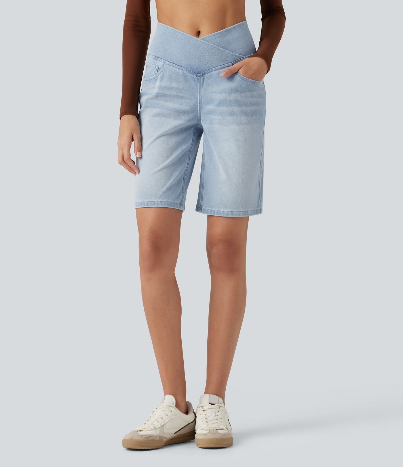 Short en jean Halara Flex™ casual gainant taille haute croisée avec poches