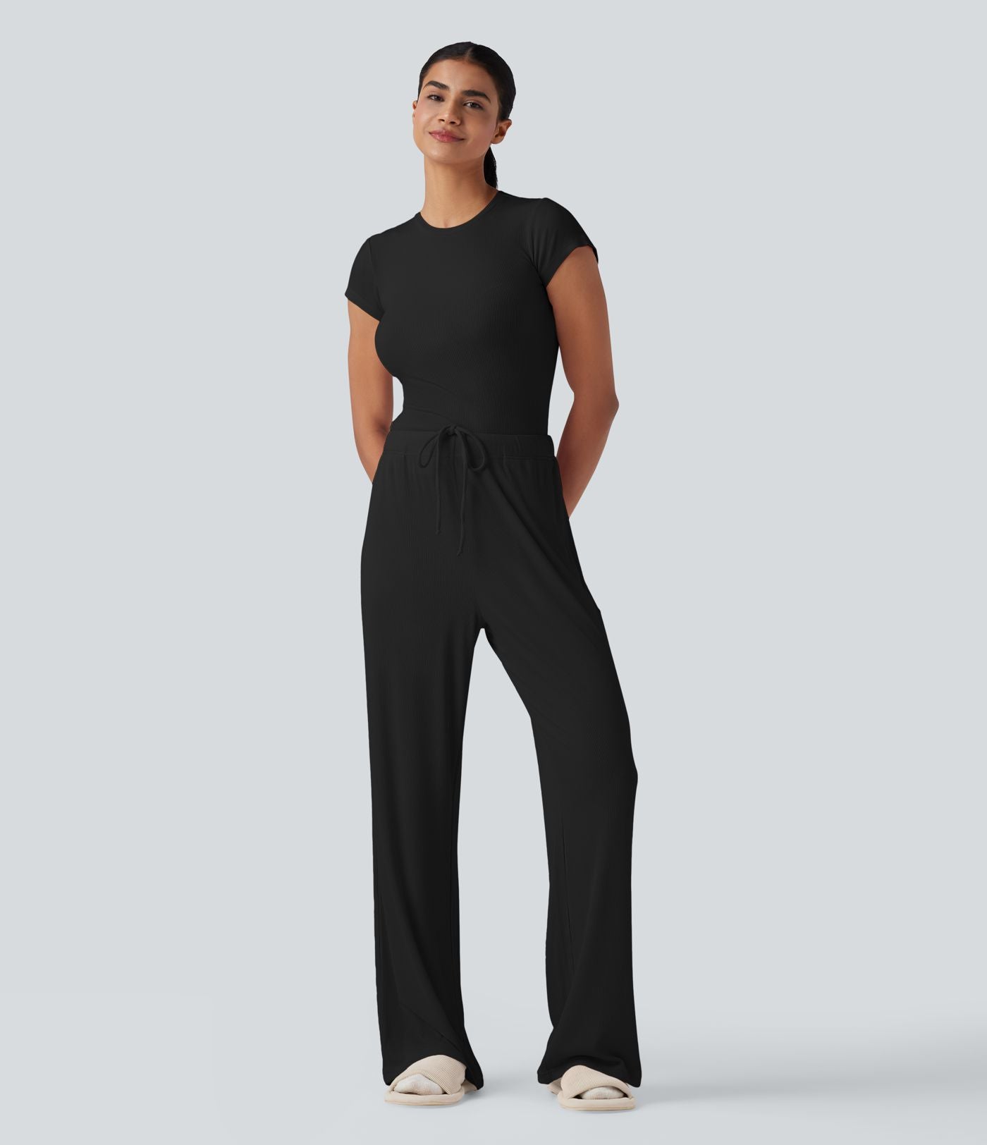 Pantalon d'intérieur taille moyenne avec cordon de serrage en maille côtelée avec poches