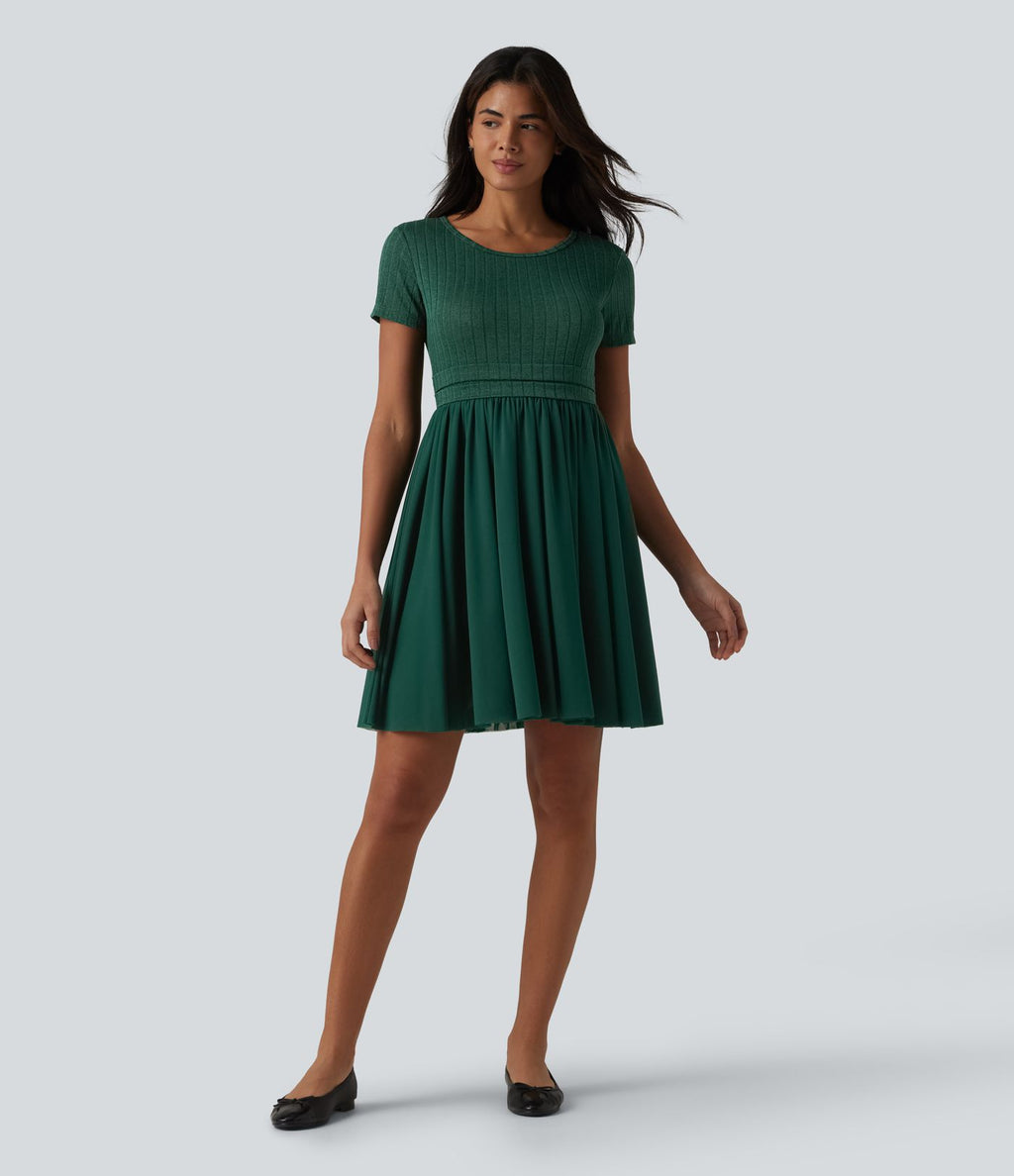Robe casual mini fluide col rond à manches courtes avec mesh contrasté