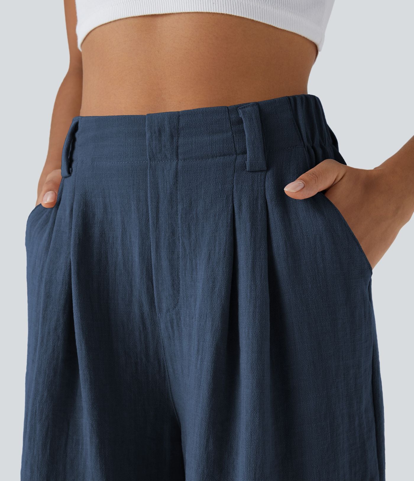 Bermuda Large Fluide Taille Haute avec Plis et Poches Latérales en Lin Synthétique