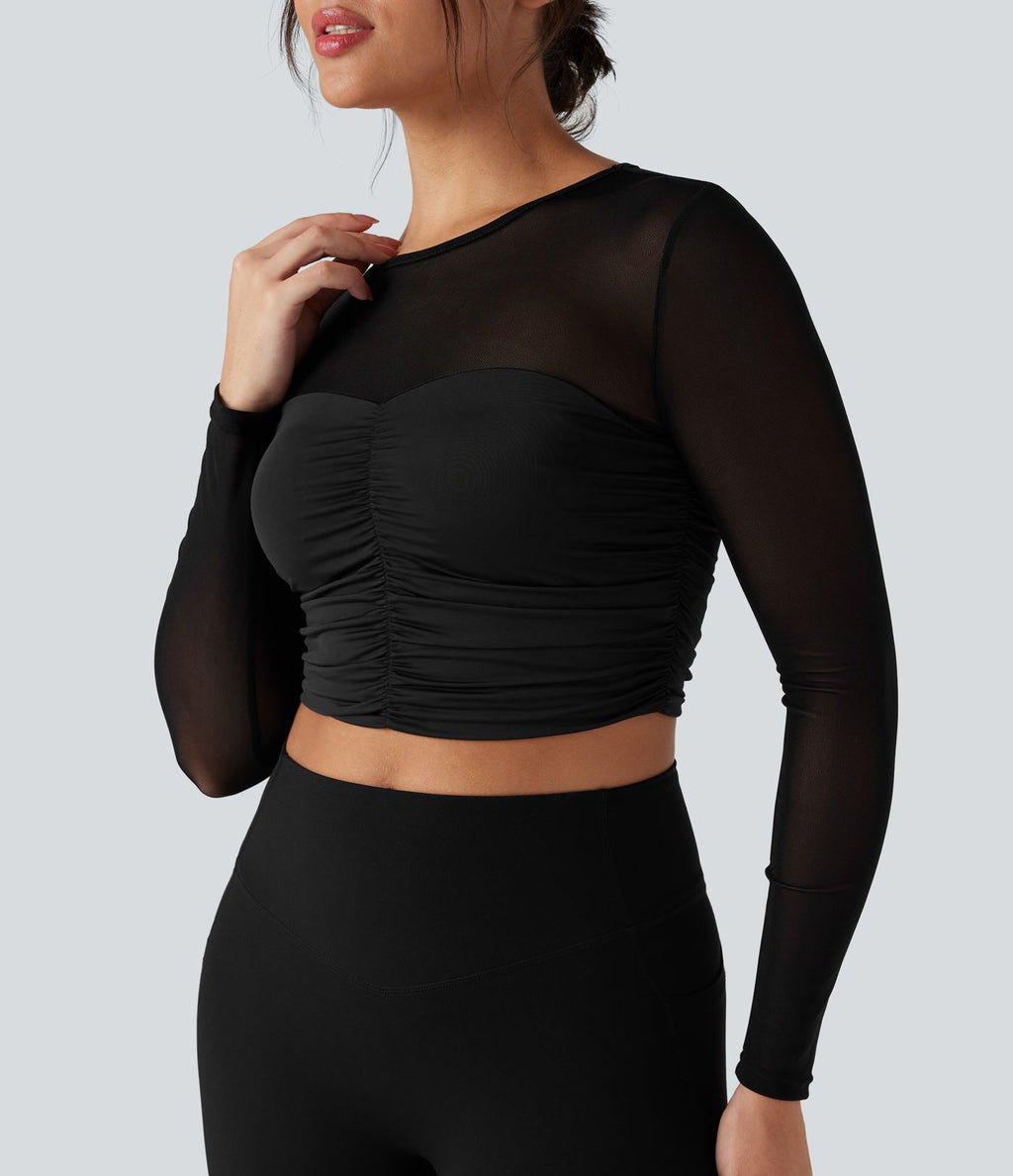 Top de sport yoga col rond manches longues froncé avec mesh contrastant