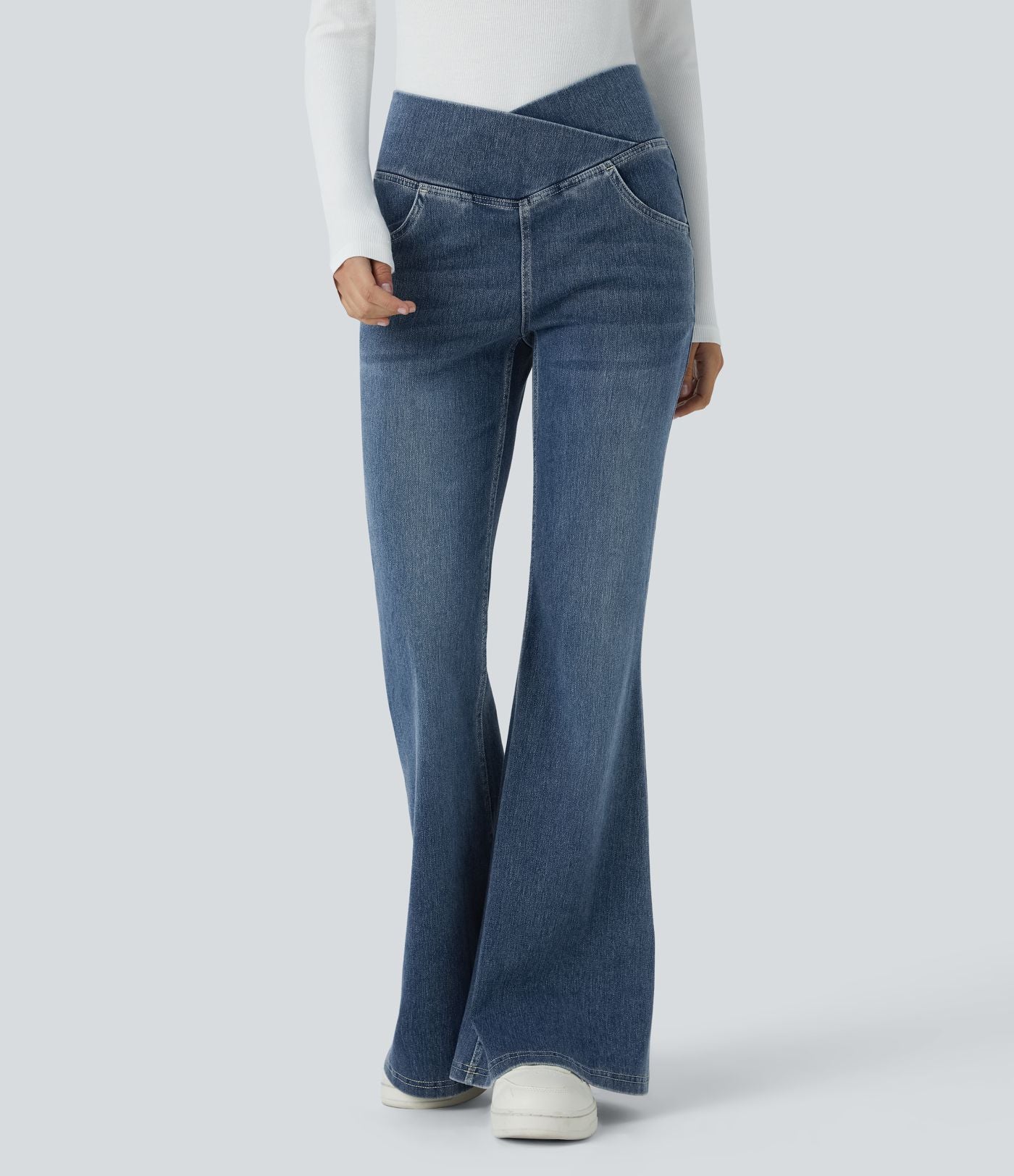 Halara Flex™ Jean Évasé à Taille Haute avec Poche Crossover Tissu Élastique Lavé