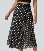 Jupe-short midi fluide évasée taille haute style vacances en mesh à pois avec cordon de serrage et poches