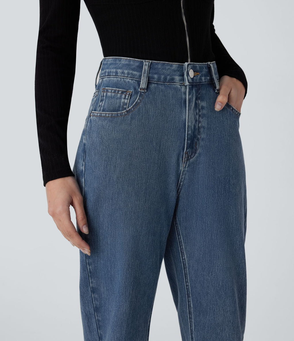 Halara Flex™ Jean droit extensible à taille haute avec bouton, fermeture éclair et poches multiples